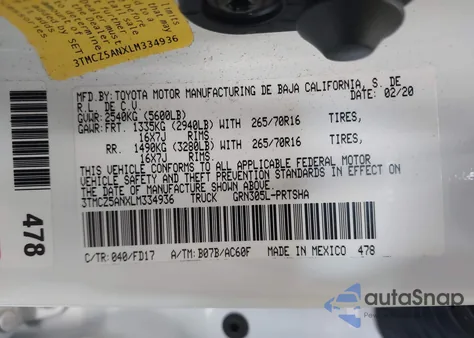 2020 Toyota Tacoma Trd Off-Road из США, поврежденный, VIN 3TMCZ5ANXLM334936